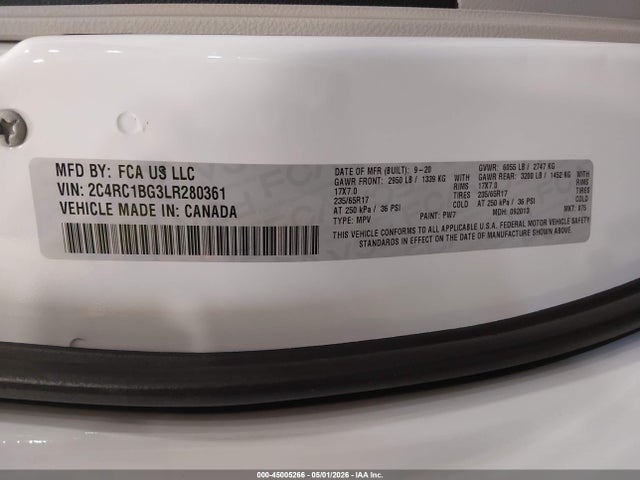 45005266 :رقم المزاد ، 2C4RC1BG3LR280361 vin ، 2020 Chrysler Pacifica Touring L مزاد بيع