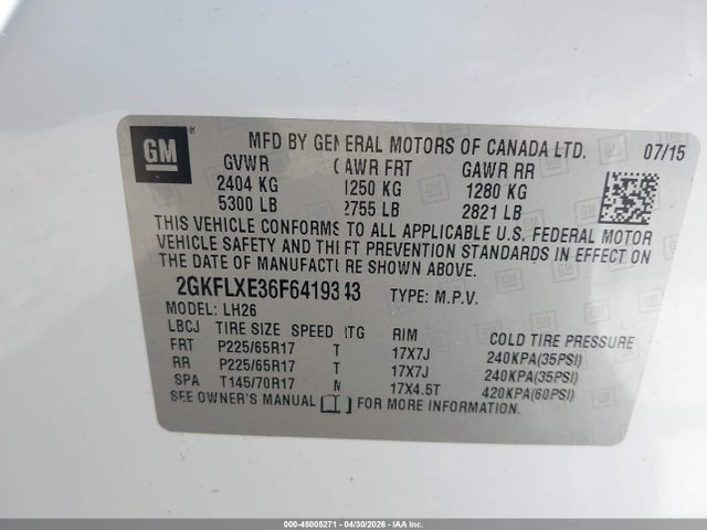 Продажа на аукционе авто 2015 Gmc Terrain Slt-1, vin: 2GKFLXE36F6419343, номер лота: 45005271