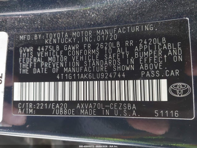 Продажа на аукционе авто 2020 Toyota Camry Se, vin: 4T1G11AK6LU924744, номер лота: 45005272