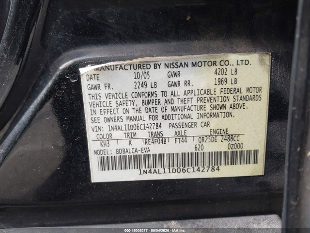 Aukcja sprzedaży 2006 Nissan Altima 2.5 S, vin: 1N4AL11D06C142784, numer aukcji: 45005277