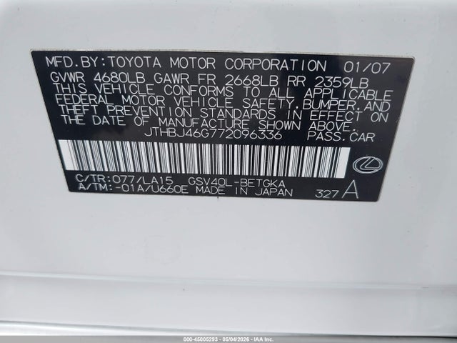 Продажа на аукционе авто 2007 Lexus Es 350, vin: JTHBJ46G772096336, номер лота: 45005293
