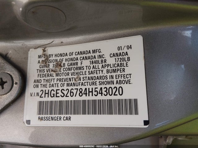 Продаж на аукціоні авто 2004 Honda Civic Ex, vin: 2HGES26784H543020, номер лоту: 45005292
