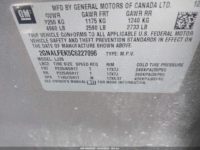 2012 Chevrolet Equinox Ltz მანქანა იყიდება აუქციონზე, vin: 2GNALFEK5C6227096, აუქციონის ნომერი: 45005302