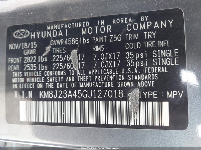 Продажа на аукционе авто 2016 Hyundai Tucson Se, vin: KM8J23A45GU127018, номер лота: 45005306