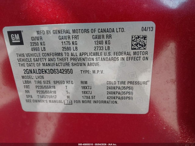 45005310 :رقم المزاد ، 2GNALDEK3D6342950 vin ، 2013 Chevrolet Equinox 1lt مزاد بيع