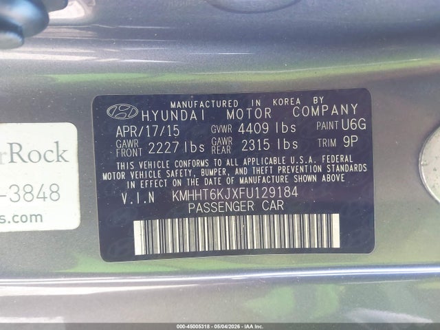 Aukcja sprzedaży 2015 Hyundai Genesis 3.8 Base, vin: KMHHT6KJXFU129184, numer aukcji: 45005318