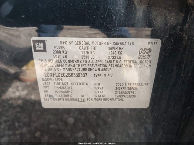 Продажа на аукционе авто 2011 Chevrolet Equinox Ls, vin: 2CNFLCEC2B6339337, номер лота: 45005323