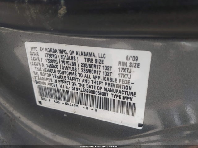Продаж на аукціоні авто 2009 Honda Odyssey Touring, vin: 5FNRL38999B059307, номер лоту: 45005325