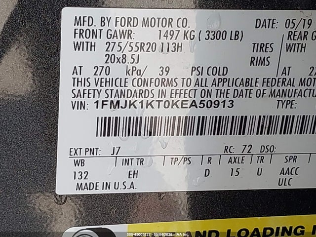 45005327 :رقم المزاد ، 1FMJK1KT0KEA50913 vin ، 2019 Ford Expedition Max Limited مزاد بيع