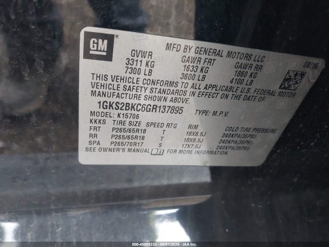 Продажа на аукционе авто 2016 Gmc Yukon Slt, vin: 1GKS2BKC6GR137895, номер лота: 45005333