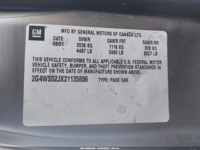 2002 Buick Century Custom მანქანა იყიდება აუქციონზე, vin: 2G4WS52JX21135836, აუქციონის ნომერი: 45005345