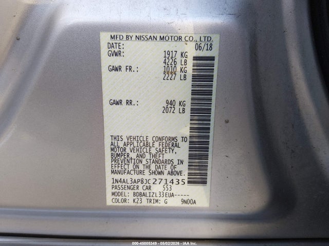 Aukcja sprzedaży 2018 Nissan Altima 2.5 Sv, vin: 1N4AL3AP8JC271435, numer aukcji: 45005349