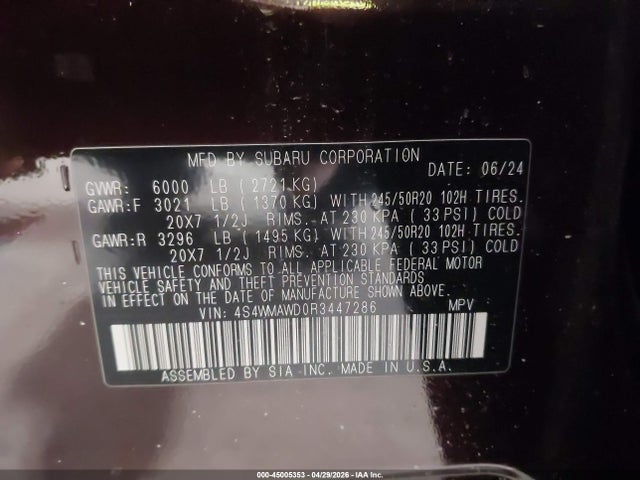Продажа на аукционе авто 2024 Subaru Ascent Touring 7-passenger, vin: 4S4WMAWD0R3447286, номер лота: 45005353