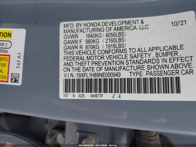 45005355 :رقم المزاد ، 19XFL1H89NE000949 vin ، 2022 Honda Civic Sport Touring مزاد بيع