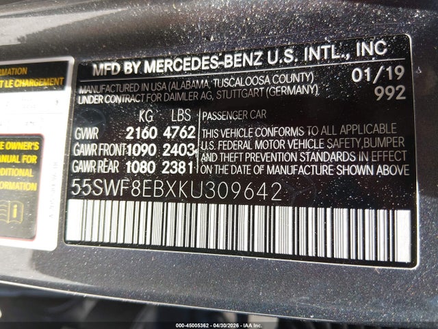 45005362 :رقم المزاد ، 55SWF8EBXKU309642 vin ، 2019 Mercedes-benz C 300 4matic مزاد بيع