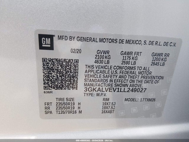 2020 Gmc Terrain Awd Slt მანქანა იყიდება აუქციონზე, vin: 3GKALVEV1LL249027, აუქციონის ნომერი: 45005363