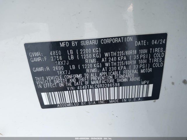 Aukcja sprzedaży 2024 Subaru Outback Onyx Edition, vin: 4S4BTALC6R3286598, numer aukcji: 45005364