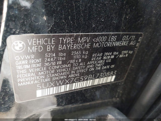 45005372 :رقم المزاد ، 5UXWX7C59BL730883 vin ، 2011 Bmw X3 Xdrive35i مزاد بيع