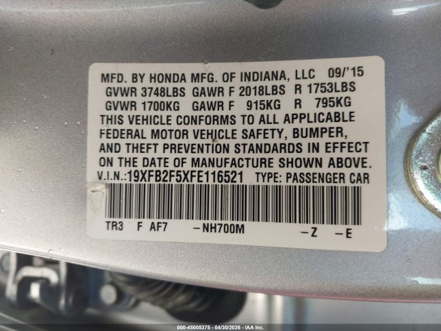 Продаж на аукціоні авто 2015 Honda Civic Lx, vin: 19XFB2F5XFE116521, номер лоту: 45005375