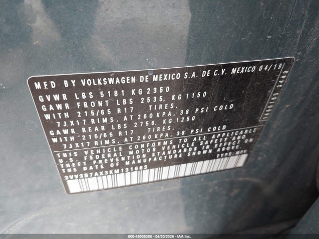 Продажа на аукционе авто 2019 Volkswagen Tiguan 2.0t Se/2.0t Sel/2.0t Sel R-line/2.0t Sel R-line Black, vin: 3VV3B7AX3KM131663, номер лота: 45005380