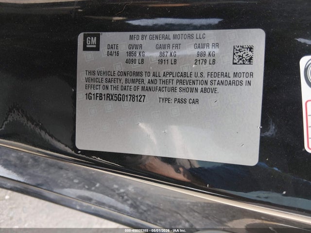 Aukcja sprzedaży 2016 Chevrolet Camaro 1lt, vin: 1G1FB1RX5G0178127, numer aukcji: 45005385