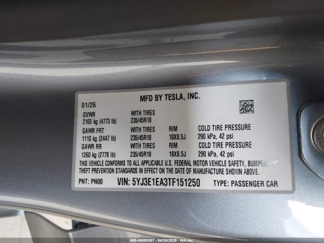 5YJ3E1EA3TF151250 Tesla Model 3 Premium Rear-wheel Drive/rear-wheel Drive