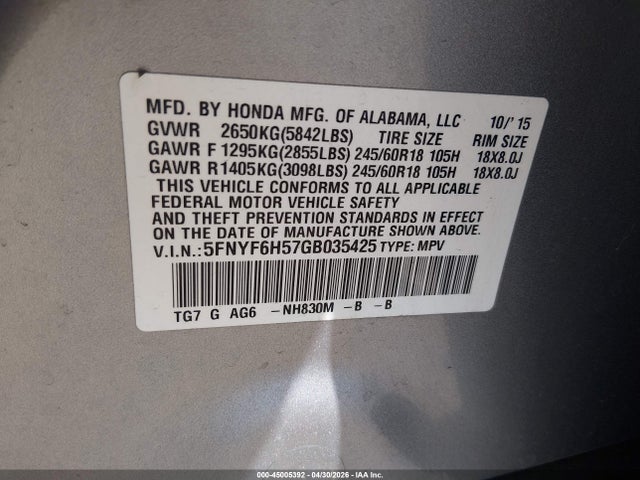 45005392 :رقم المزاد ، 5FNYF6H57GB035425 vin ، 2016 Honda Pilot Ex-l مزاد بيع