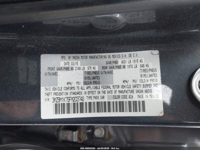 Продаж на аукціоні авто 2015 Mazda Mazda3 I Sport, vin: 3MZBM1K76FM203748, номер лоту: 45005393