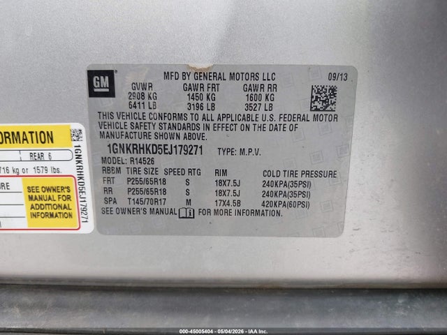 Продажа на аукционе авто 2014 Chevrolet Traverse 2lt, vin: 1GNKRHKD5EJ179271, номер лота: 45005404