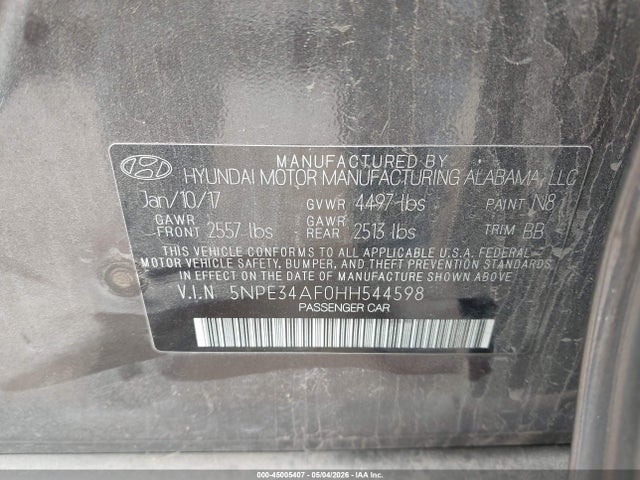 45005407 :رقم المزاد ، 5NPE34AF0HH544598 vin ، 2017 Hyundai Sonata Sport مزاد بيع