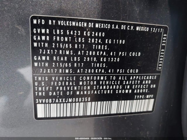 45005408 :رقم المزاد ، 3VV0B7AXXJM088358 vin ، 2018 Volkswagen Tiguan 2.0t S مزاد بيع