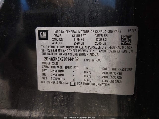 Aukcja sprzedaży 2018 Chevrolet Equinox Lt, vin: 2GNAXKEX7J6144162, numer aukcji: 45005410