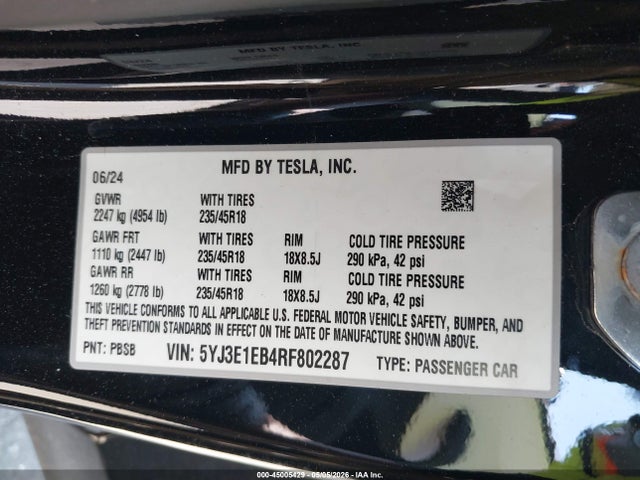 Продаж на аукціоні авто 2024 Tesla Model 3 Long Range Dual Motor All-wheel Drive, vin: 5YJ3E1EB4RF802287, номер лоту: 45005429