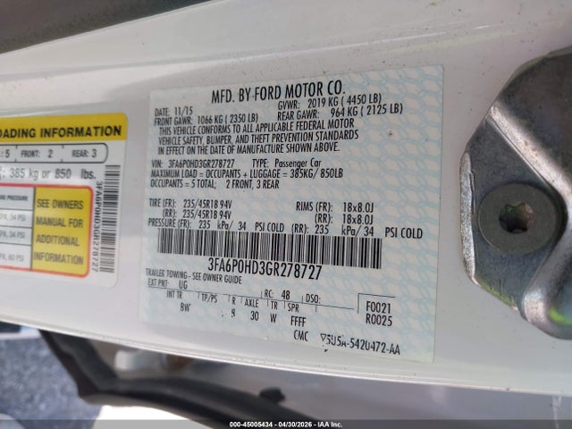 Aukcja sprzedaży 2016 Ford Fusion Se, vin: 3FA6P0HD3GR278727, numer aukcji: 45005434