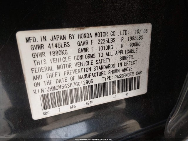 Aukcja sprzedaży 2007 Honda Accord 2.4 Se, vin: JHMCM56367C012905, numer aukcji: 45005435