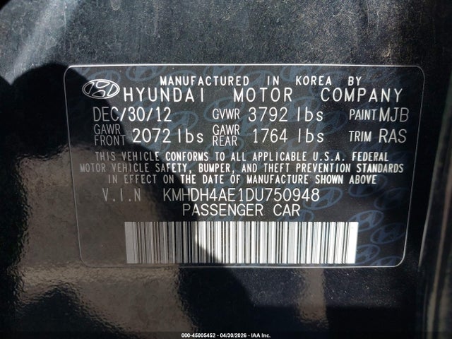 Продажа на аукционе авто 2013 Hyundai Elantra Limited, vin: KMHDH4AE1DU750948, номер лота: 45005452