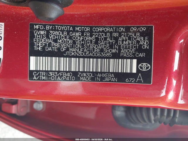 45005453 :رقم المزاد ، JTDKN3DU5A0063685 vin ، 2010 Toyota Prius I/ii/iii/iv/v مزاد بيع