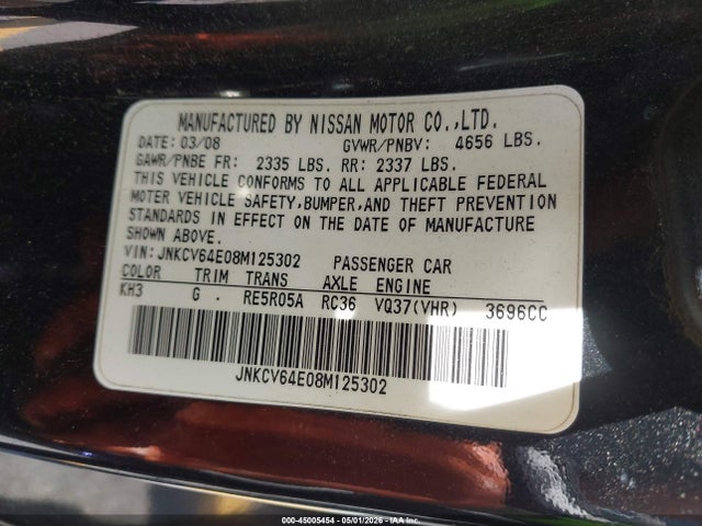 2008 Infiniti G37 Journey მანქანა იყიდება აუქციონზე, vin: JNKCV64E08M125302, აუქციონის ნომერი: 45005454