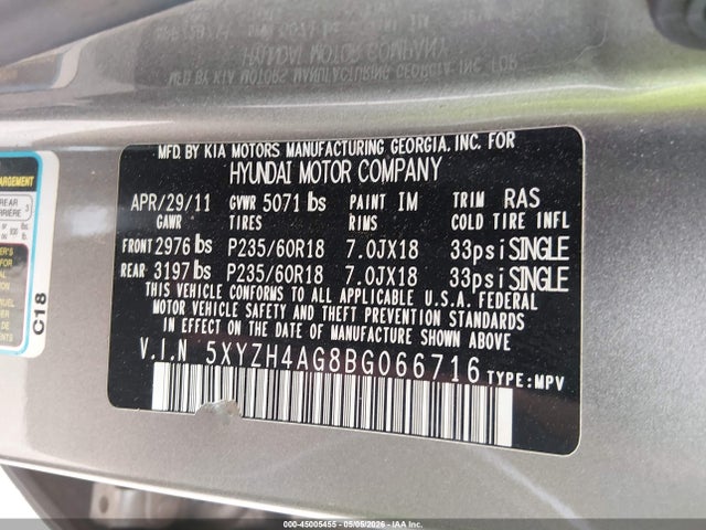 Aukcja sprzedaży 2011 Hyundai Santa Fe Se, vin: 5XYZH4AG8BG066716, numer aukcji: 45005455