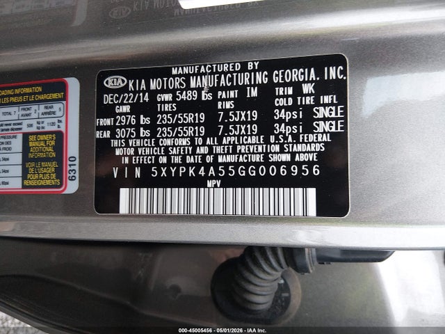 2016 Kia Sorento 3.3l Sxl მანქანა იყიდება აუქციონზე, vin: 5XYPK4A55GG006956, აუქციონის ნომერი: 45005456