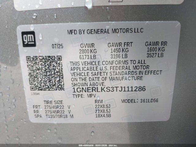 Auction sale of the 2026 Chevrolet Traverse Fwd Rs, vin: 1GNERLKS3TJ111286, lot number: 45005459