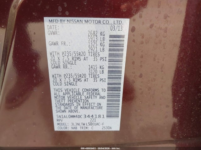 2013 Infiniti Jx35 მანქანა იყიდება აუქციონზე, vin: 5N1AL0MM4DC344181, აუქციონის ნომერი: 45005483