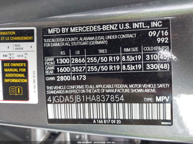 Aukcja sprzedaży 2017 Mercedes-benz Gle 350, vin: 4JGDA5JB1HA837854, numer aukcji: 45005497