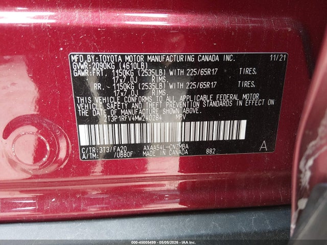 Продажа на аукционе авто 2021 Toyota Rav4 Xle, vin: 2T3P1RFV4MW240284, номер лота: 45005499