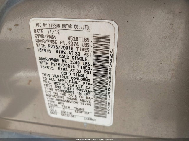 2013 Nissan Rogue S მანქანა იყიდება აუქციონზე, vin: JN8AS5MV8DW119794, აუქციონის ნომერი: 45005503