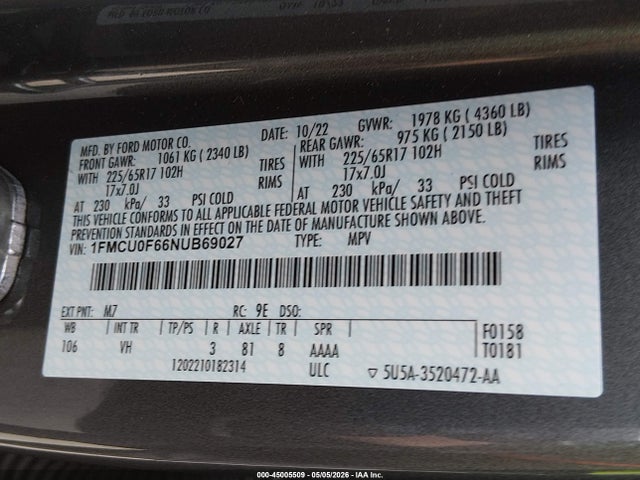 2022 Ford Escape S მანქანა იყიდება აუქციონზე, vin: 1FMCU0F66NUB69027, აუქციონის ნომერი: 45005509