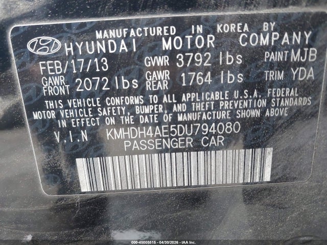 45005515 :رقم المزاد ، KMHDH4AE5DU794080 vin ، 2013 Hyundai Elantra Gls مزاد بيع