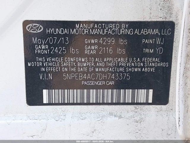 45005517 :رقم المزاد ، 5NPEB4AC7DH743375 vin ، 2013 Hyundai Sonata Gls مزاد بيع