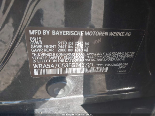 45005533 :رقم المزاد ، WBA5A7C53FG143721 vin ، 2015 Bmw 528i Xdrive مزاد بيع