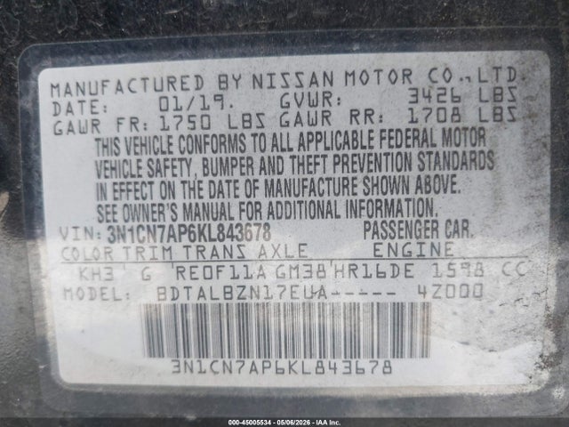 Nissan Versa 1.6 Sv 2019 3N1CN7AP6KL843678 Image 9